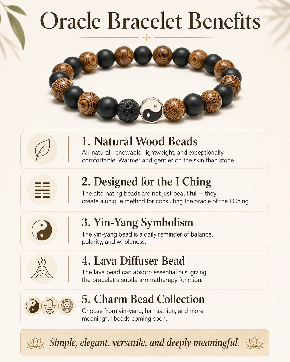 Oracle Bracelet Benefits — natural wood beads, I Ching design, yin-yang symbolism, lava diffuser, and charm options