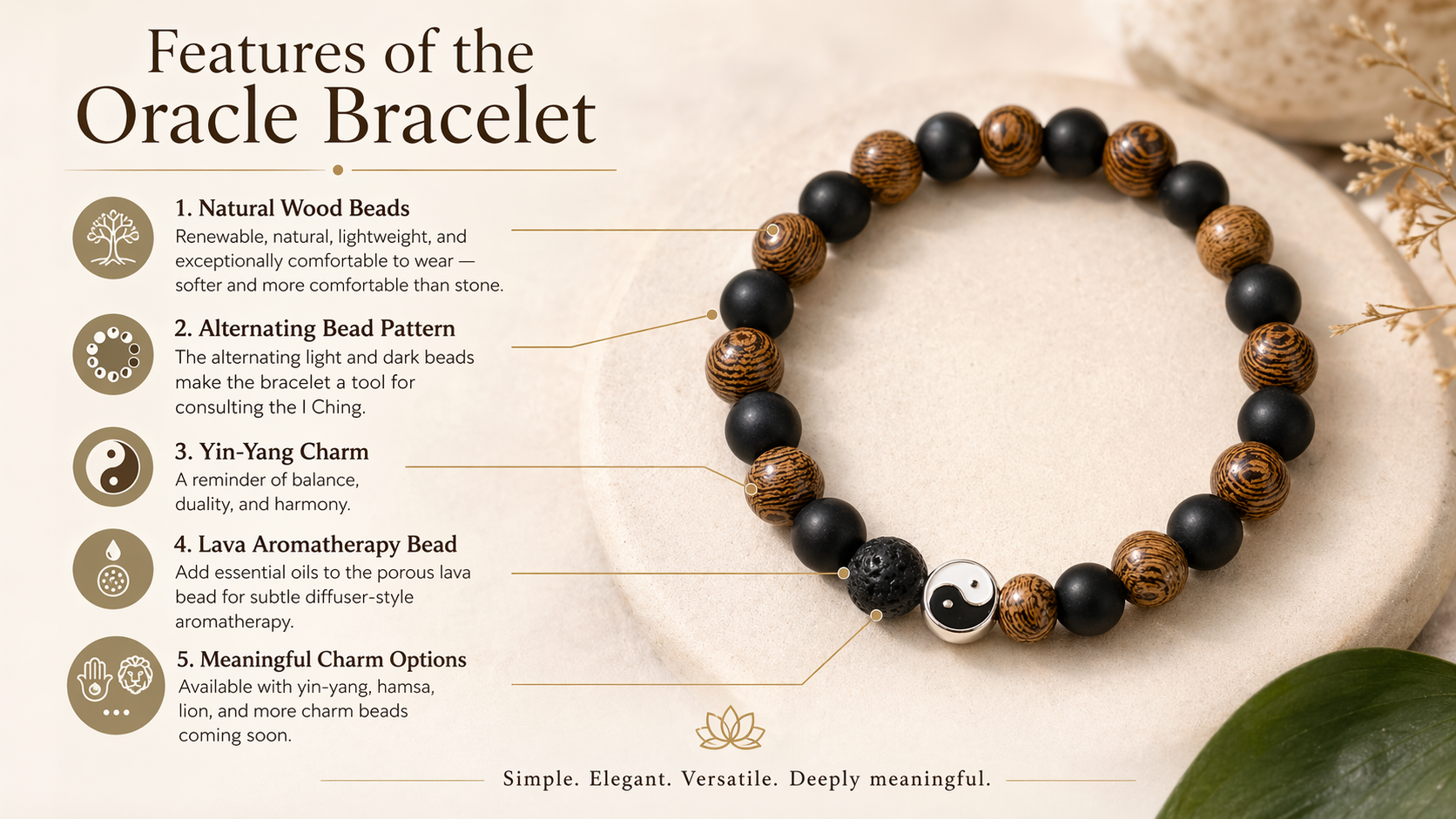 Features of the Oracle Bracelet — wood beads, alternating pattern, yin-yang charm, lava aromatherapy, and charm collection