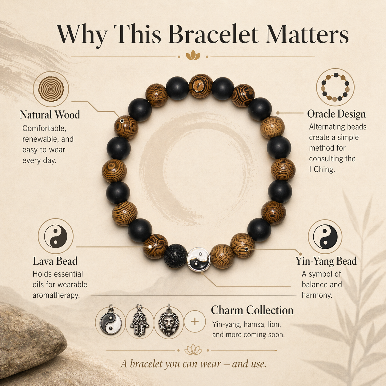 Why this bracelet matters — natural wood, oracle design, lava bead, yin-yang, and charm collection