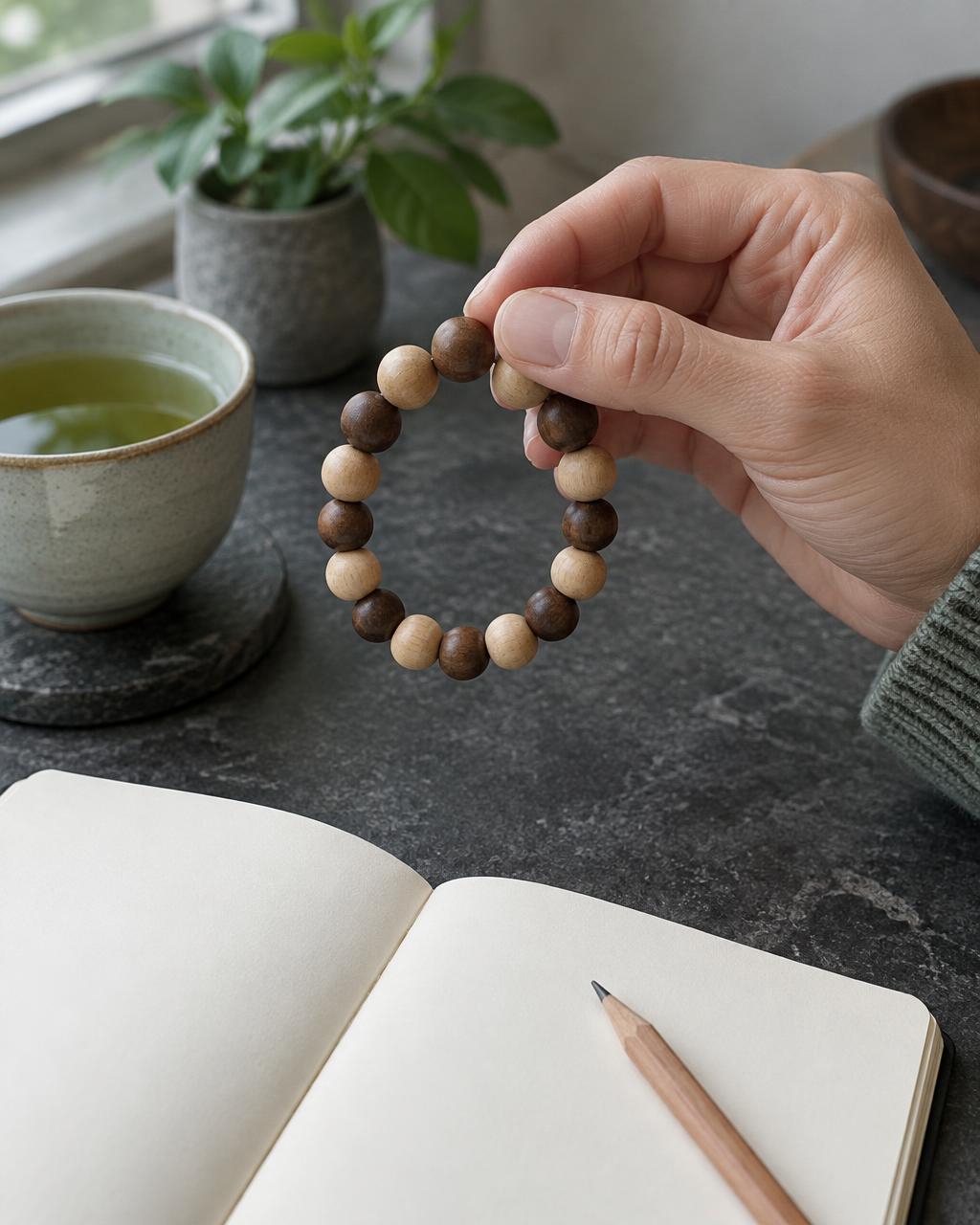 A hand holding alternating wooden beads above a reflection notebook