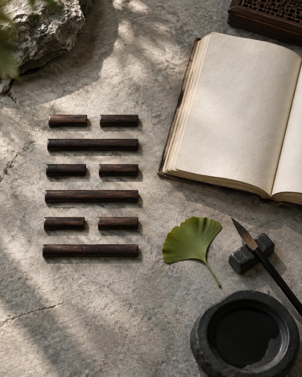 Six wooden yin and yang lines beside an open book and a gingko leaf