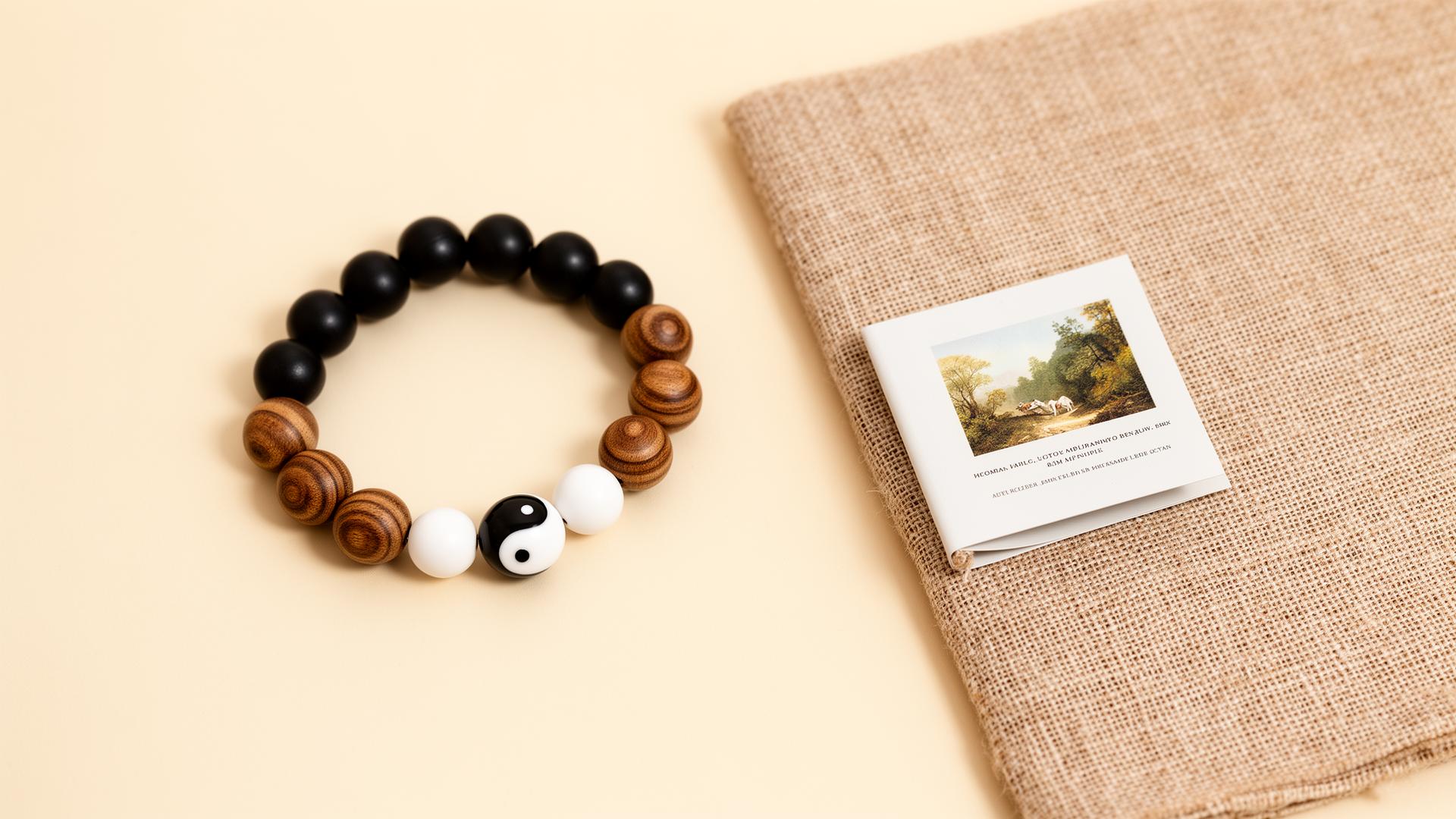 Illustrative wooden Oracle bracelet and pocket guide on linen