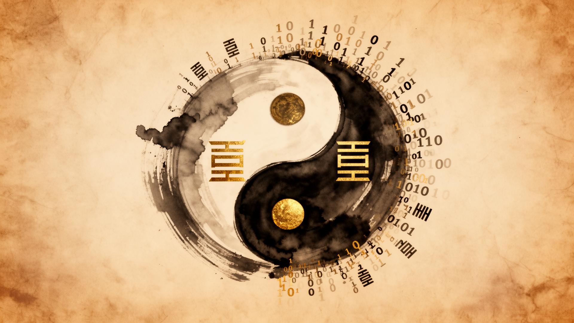 Binary code dissolving into yin-yang patterns